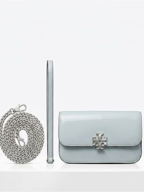 Tory Burch Pale Blue Patent Leather crossbody Bag/wristlet with Chain Strap new
